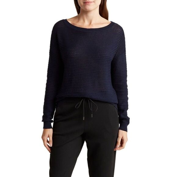 Theory Sweater NWT Women's‎ Navy Ribbed Oversize Cotton Knit Crewneck Pullover - Picture 1 of 13
